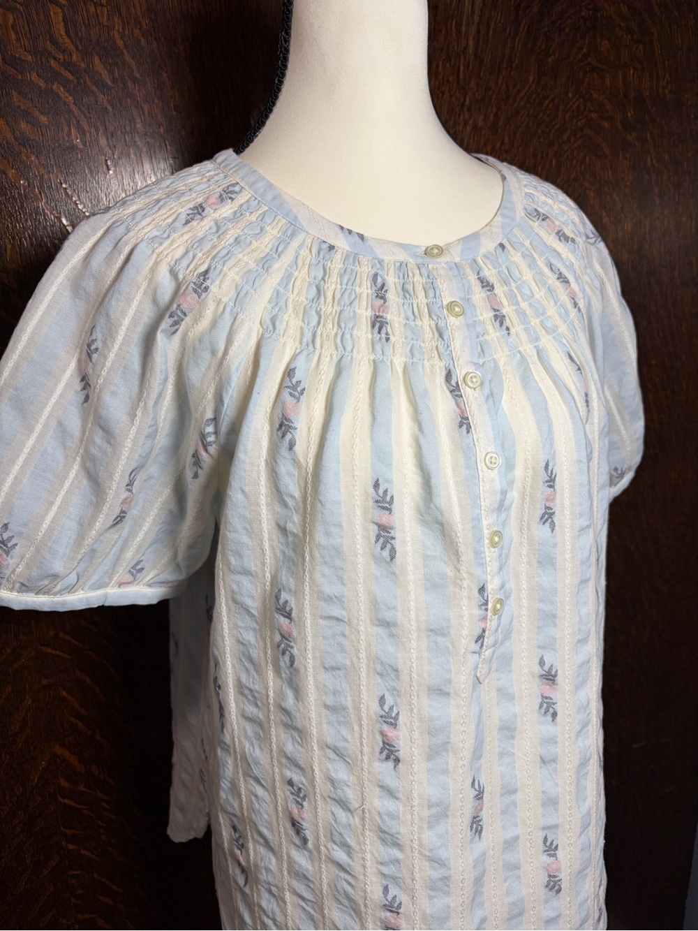 Loft Light Blue Striped Puff-Sleeve Women's Button 100% Cotton Top - Picture 2 of 8